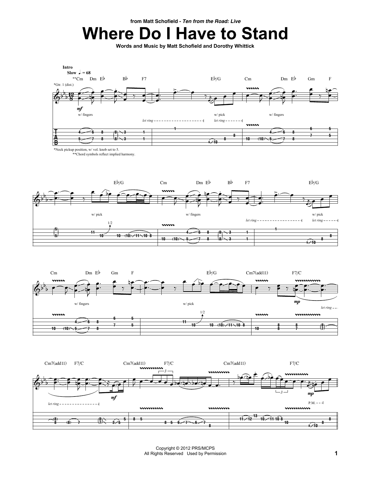 Matt Schofield Where Do I Have To Stand sheet music notes and chords arranged for Guitar Tab