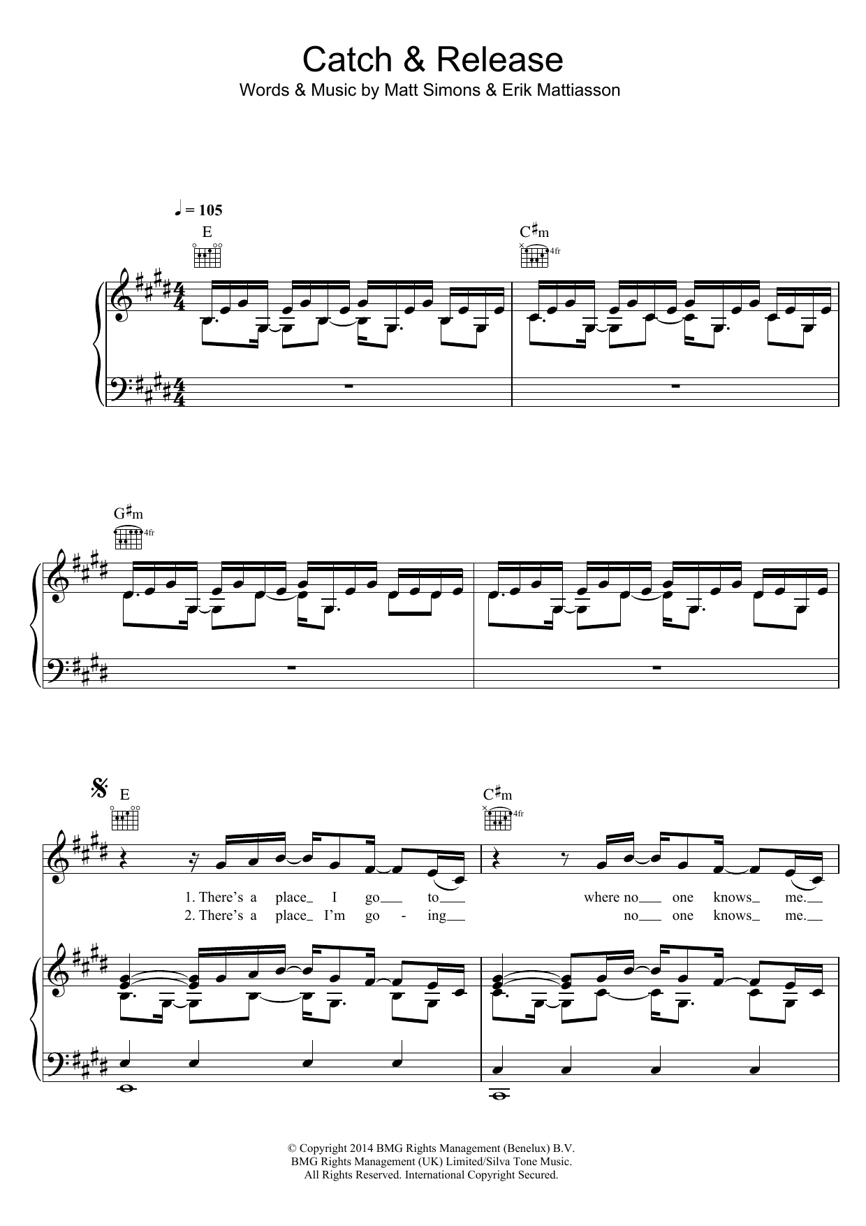 Matt Simons Catch and Release sheet music notes and chords arranged for Piano, Vocal & Guitar Chords