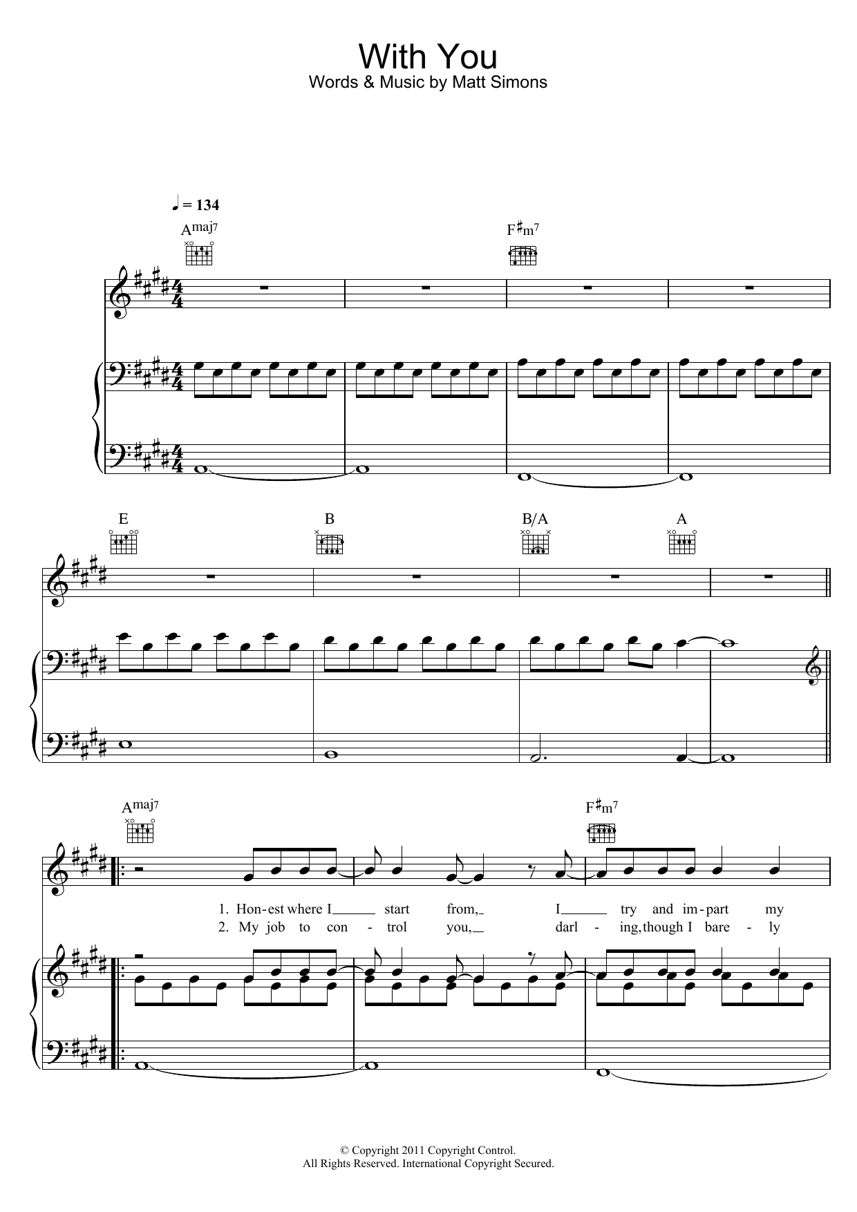 Matt Simons With You sheet music notes and chords arranged for Piano, Vocal & Guitar Chords