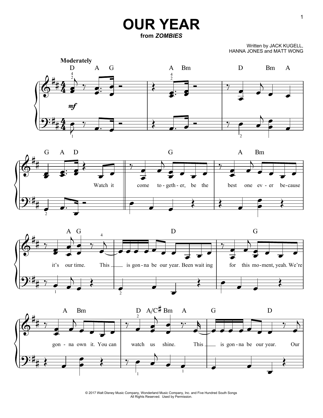 Matt Wong Our Year (from Disney's Zombies) sheet music notes and chords arranged for Easy Piano