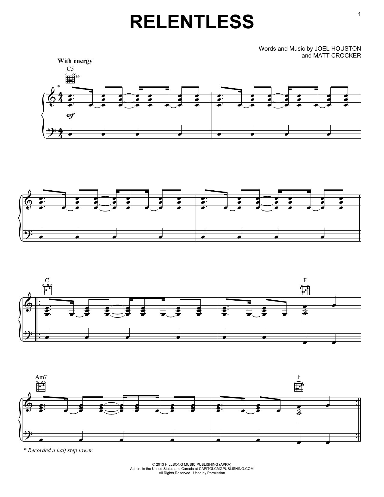 Matt Crocker Relentless sheet music notes and chords arranged for Piano, Vocal & Guitar Chords (Right-Hand Melody)