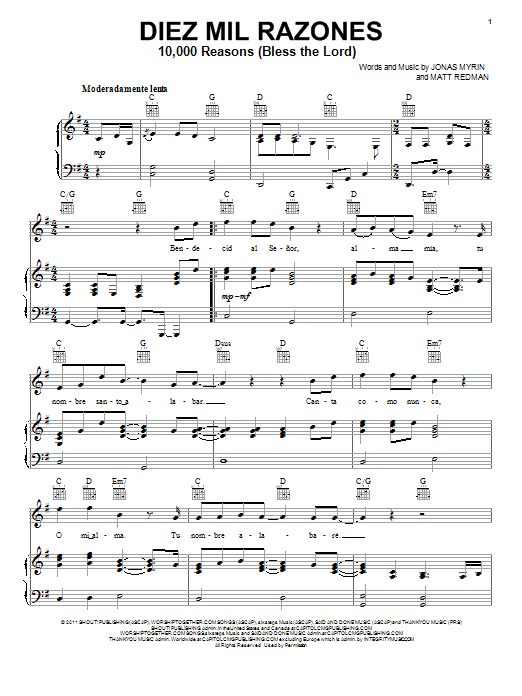 Matt Redman Diez Mil Razones (10,000 Reasons (Bless The Lord)) sheet music notes and chords arranged for Piano, Vocal & Guitar Chords (Right-Hand Melody)
