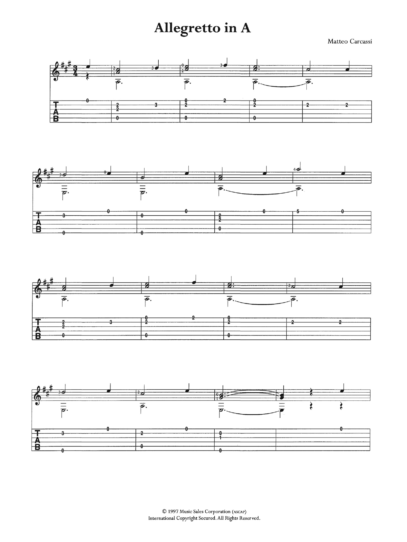 Matteo Carcassi Allegretto In A sheet music notes and chords arranged for Guitar Tab