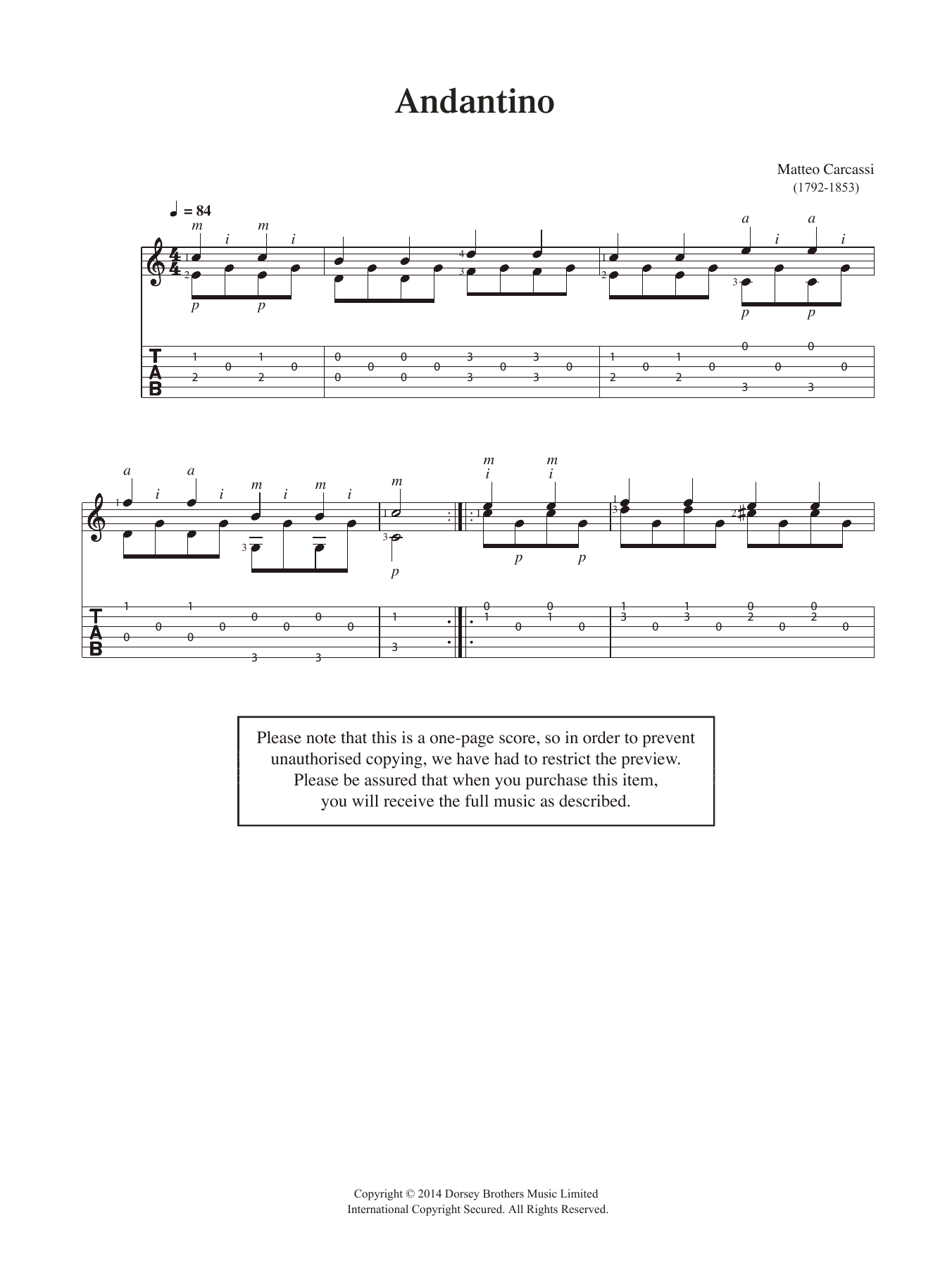 Matteo Carcassi Andantino sheet music notes and chords arranged for Easy Guitar