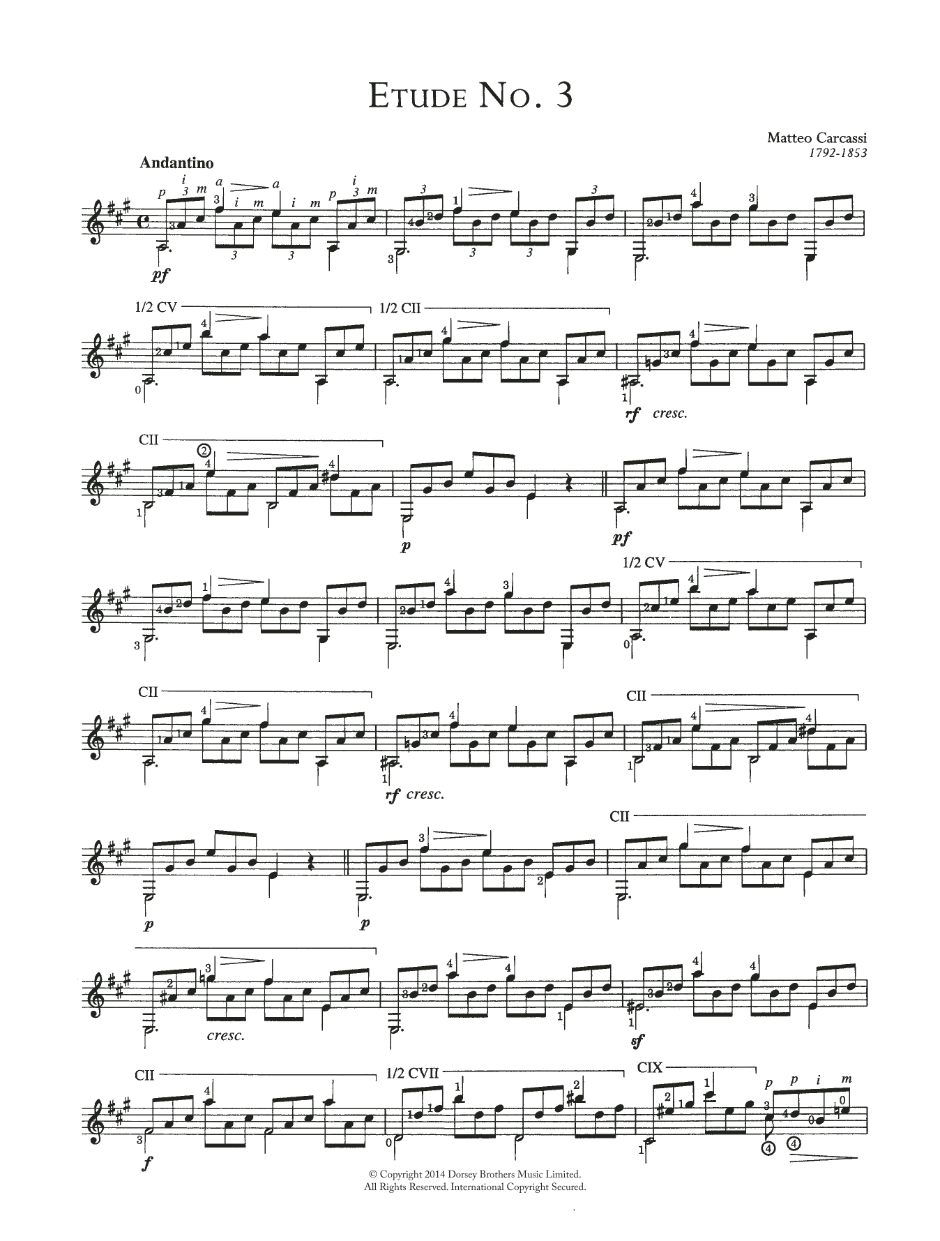 Matteo Carcassi Étude No. 3 sheet music notes and chords arranged for Solo Guitar
