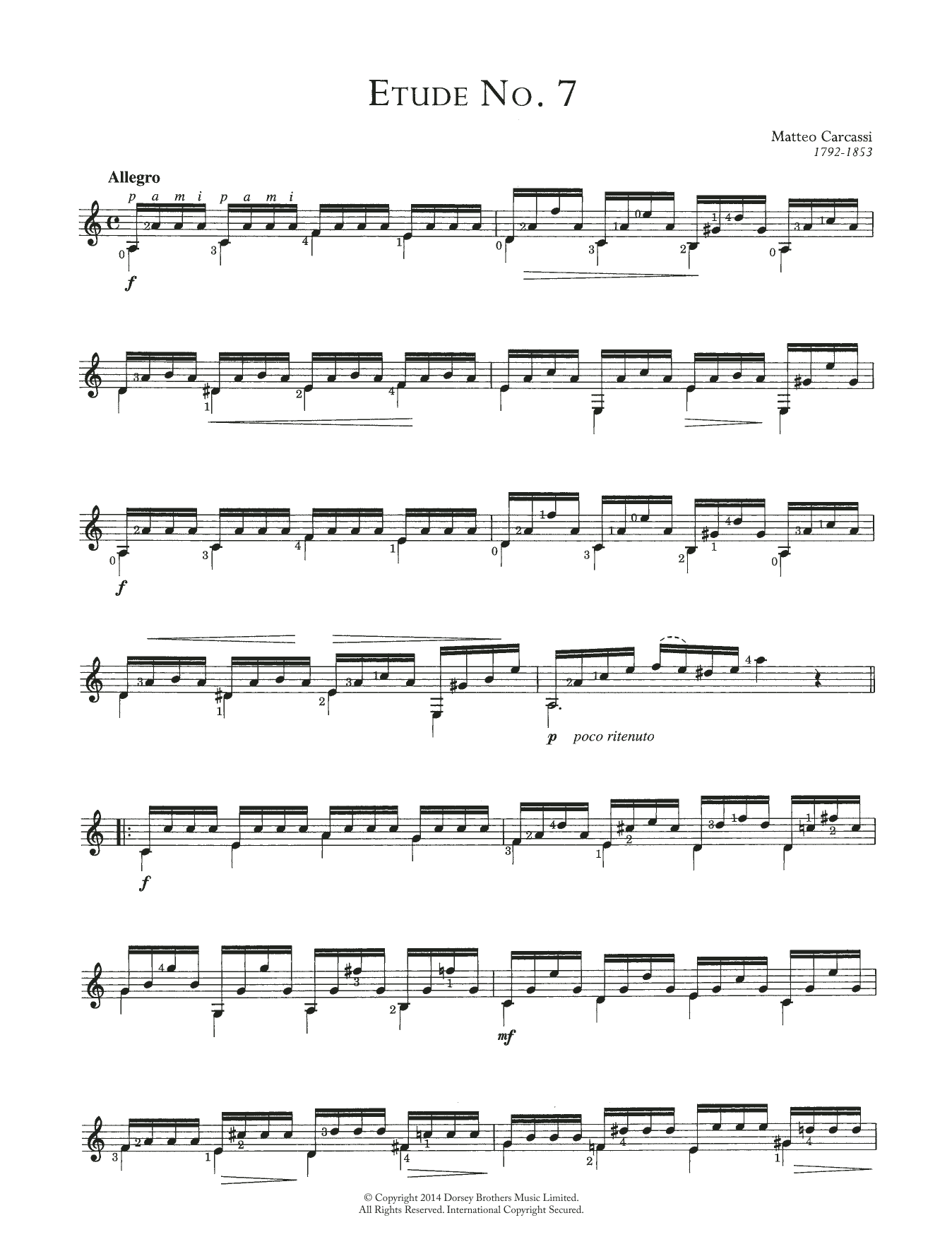 Matteo Carcassi Etude No. 7 sheet music notes and chords arranged for Solo Guitar