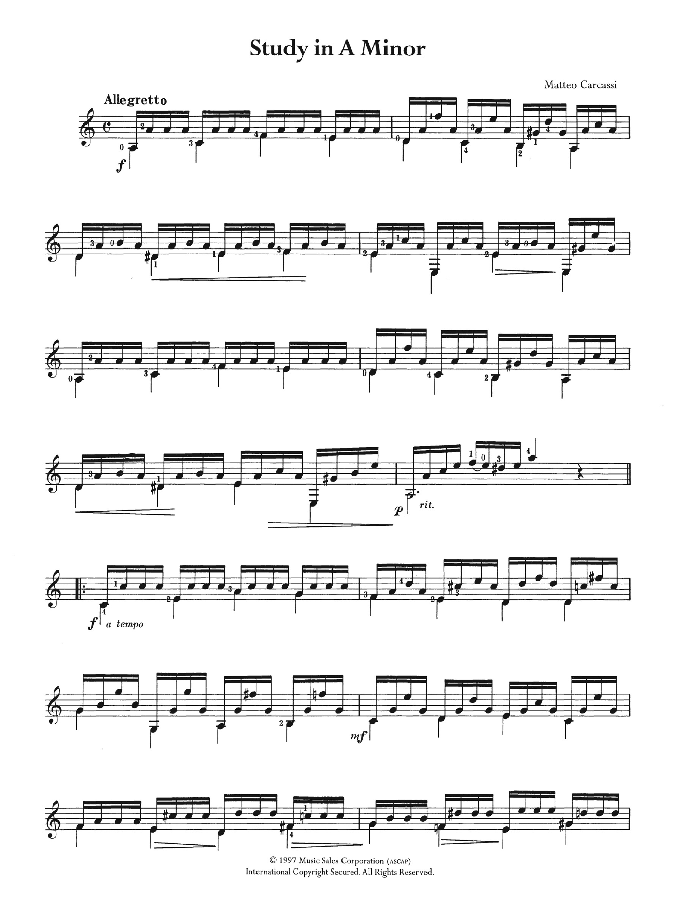 Matteo Carcassi Study In A Minor sheet music notes and chords arranged for Solo Guitar