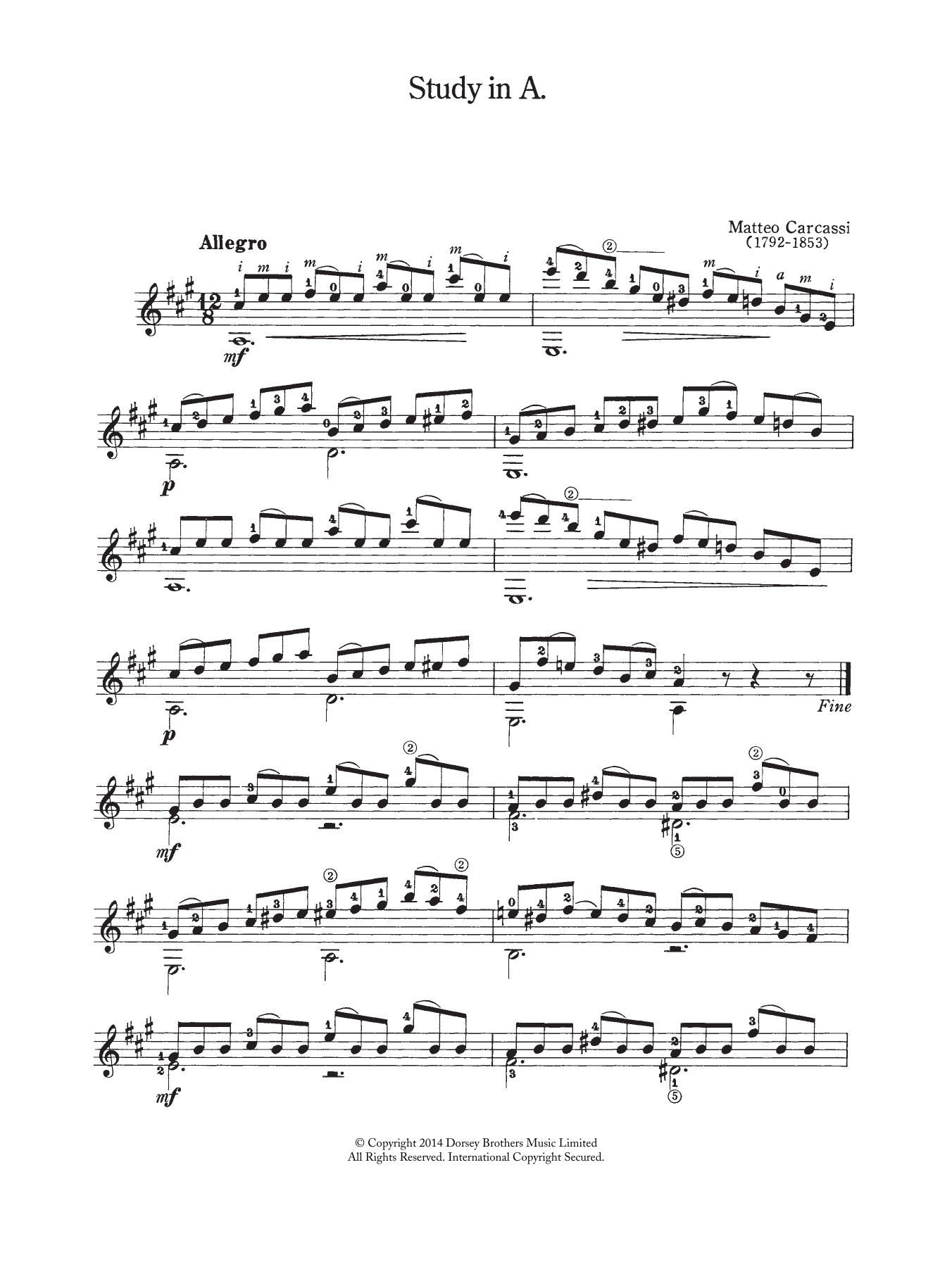 Matteo Carcassi Study In A sheet music notes and chords arranged for Easy Guitar
