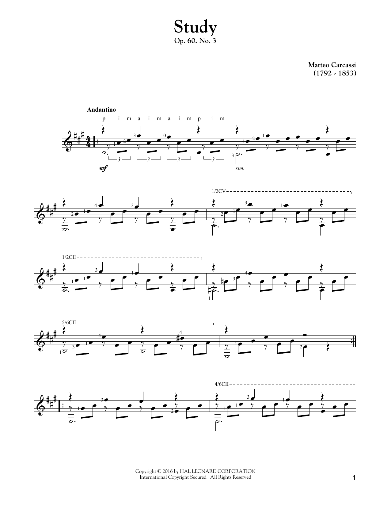 Matteo Carcassi Study, Op. 60, No. 3 sheet music notes and chords arranged for Solo Guitar