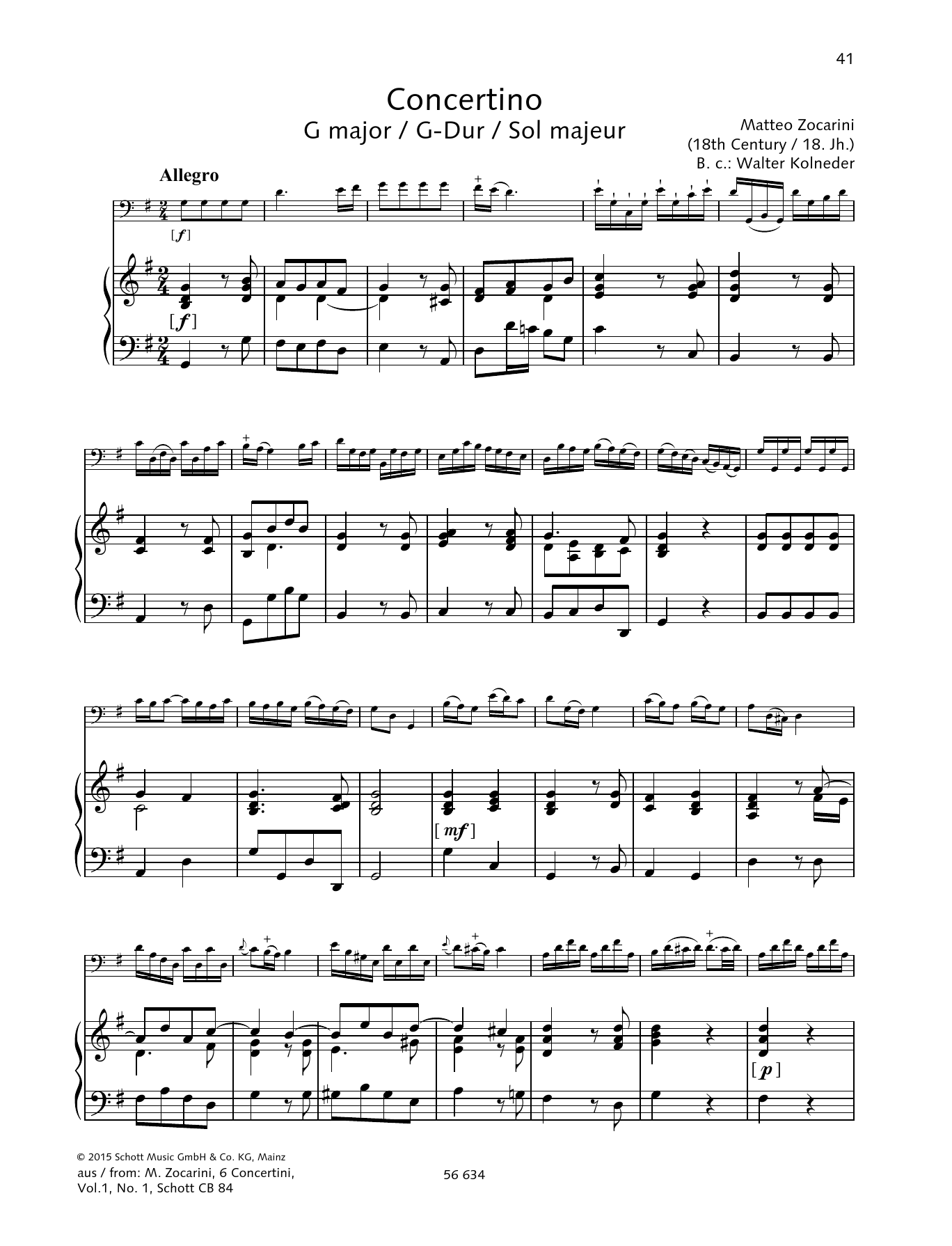 Matteo Zocarini Concertino G major sheet music notes and chords arranged for String Solo