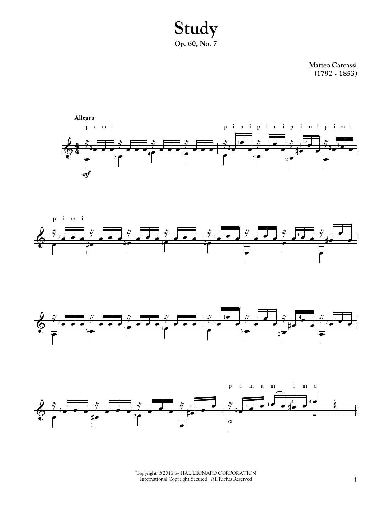 Matteo Carcassi Study, Op. 60, No. 7 sheet music notes and chords arranged for Solo Guitar