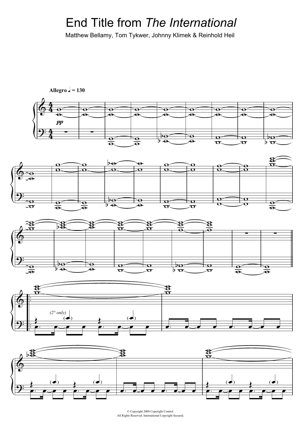 Matthew Bellamy End Title (from The International) sheet music notes and chords arranged for Piano Solo