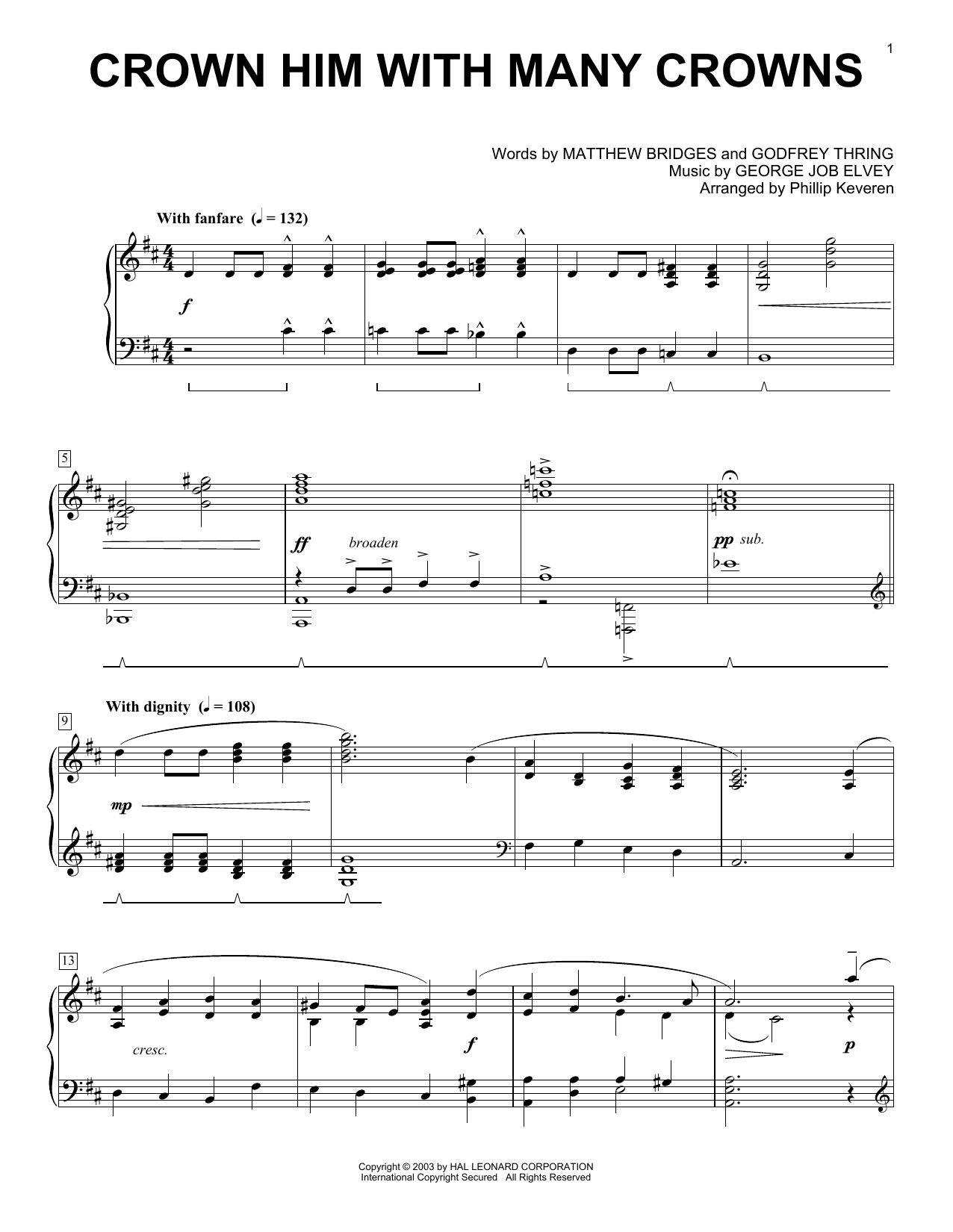 Matthew Bridges Crown Him With Many Crowns (arr. Phillip Keveren) sheet music notes and chords arranged for Piano Solo