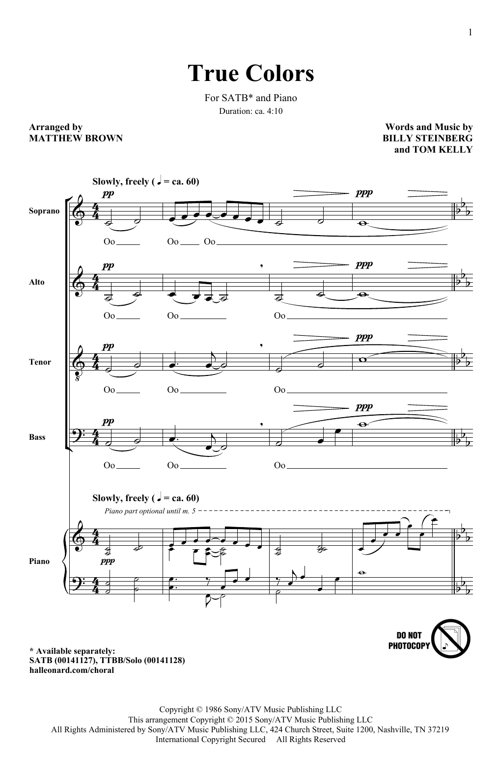 Matthew Brown True Colors sheet music notes and chords arranged for TTBB Choir