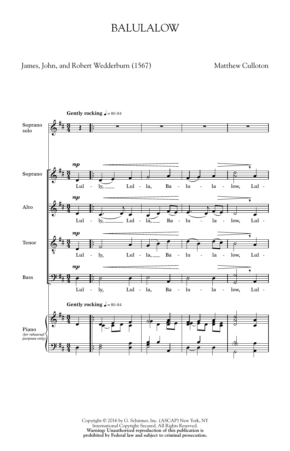 Matthew Culloton Balulalow sheet music notes and chords arranged for SATB Choir