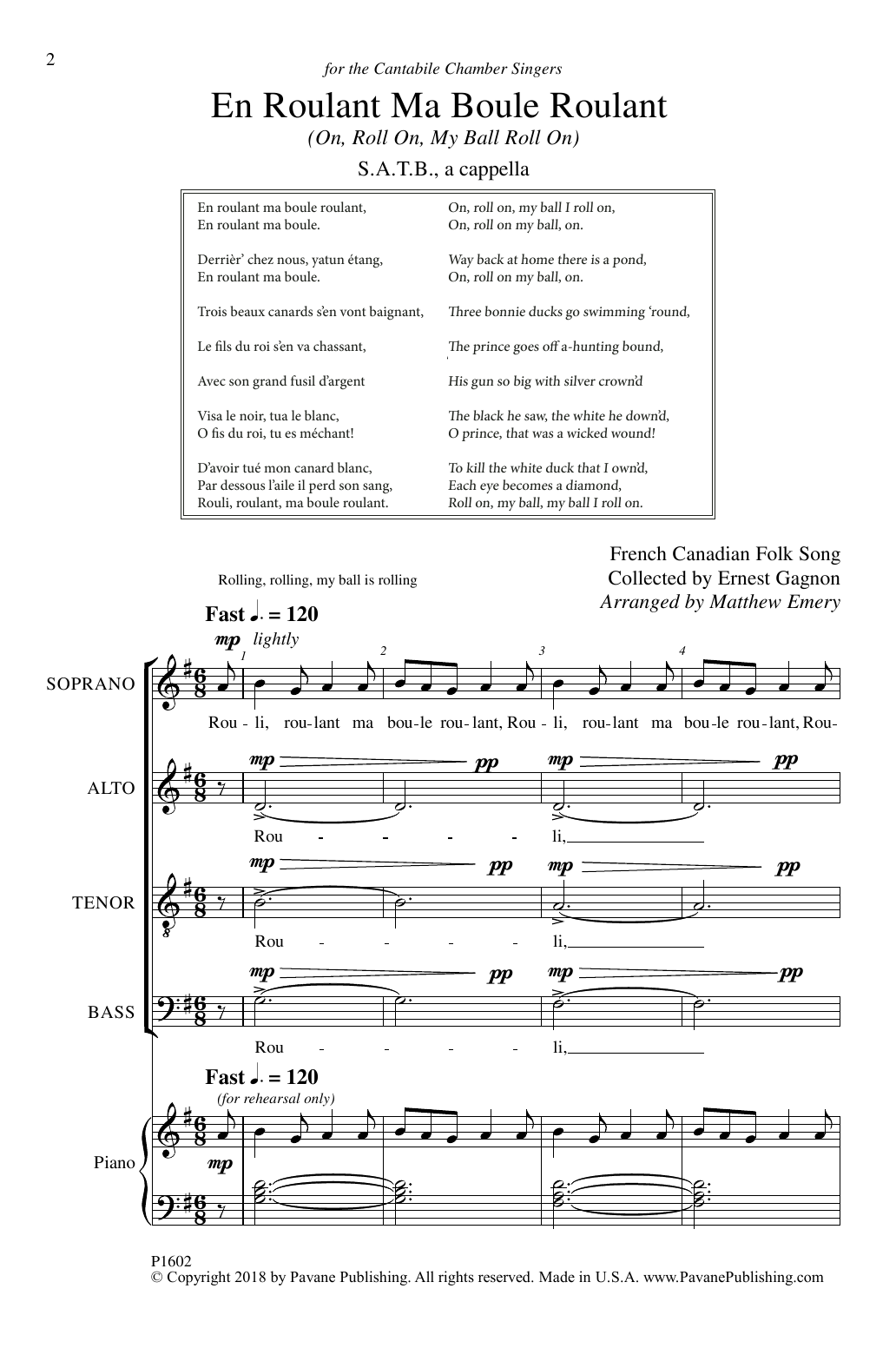 Matthew Emery En Roulant Ma Boule Roulant sheet music notes and chords arranged for SATB Choir