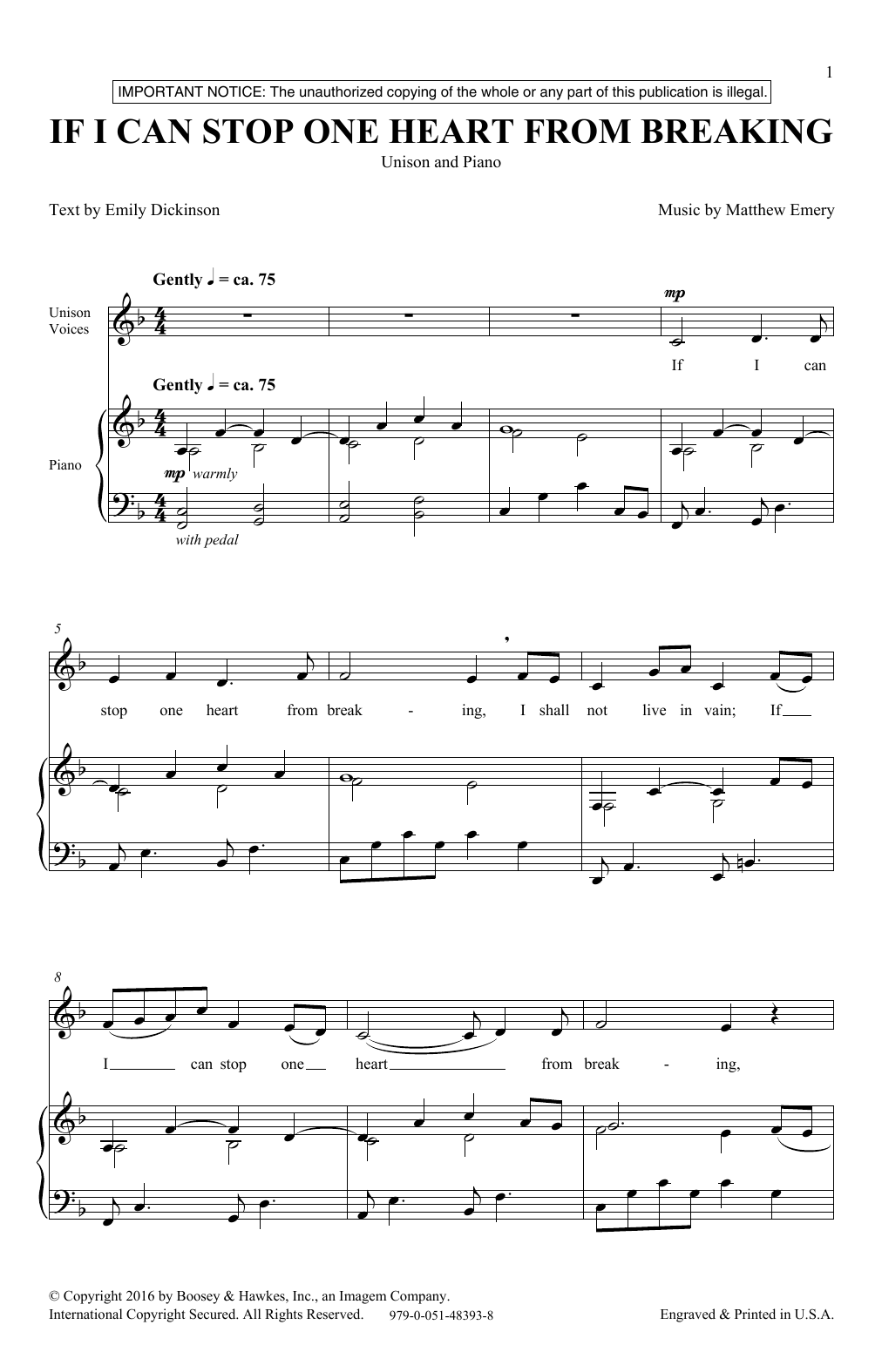 Matthew Emery If I Can Stop One Heart From Breaking sheet music notes and chords arranged for Unison Choir