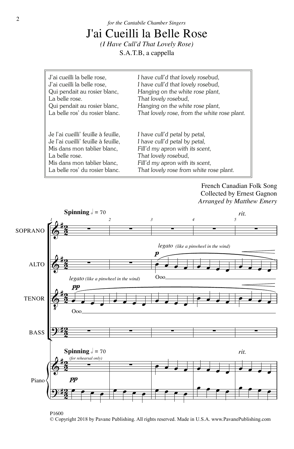 Matthew Emery J'ai Cuelli La Belle Rose (I Have Cull'd That Lovely Rose) sheet music notes and chords arranged for SATB Choir