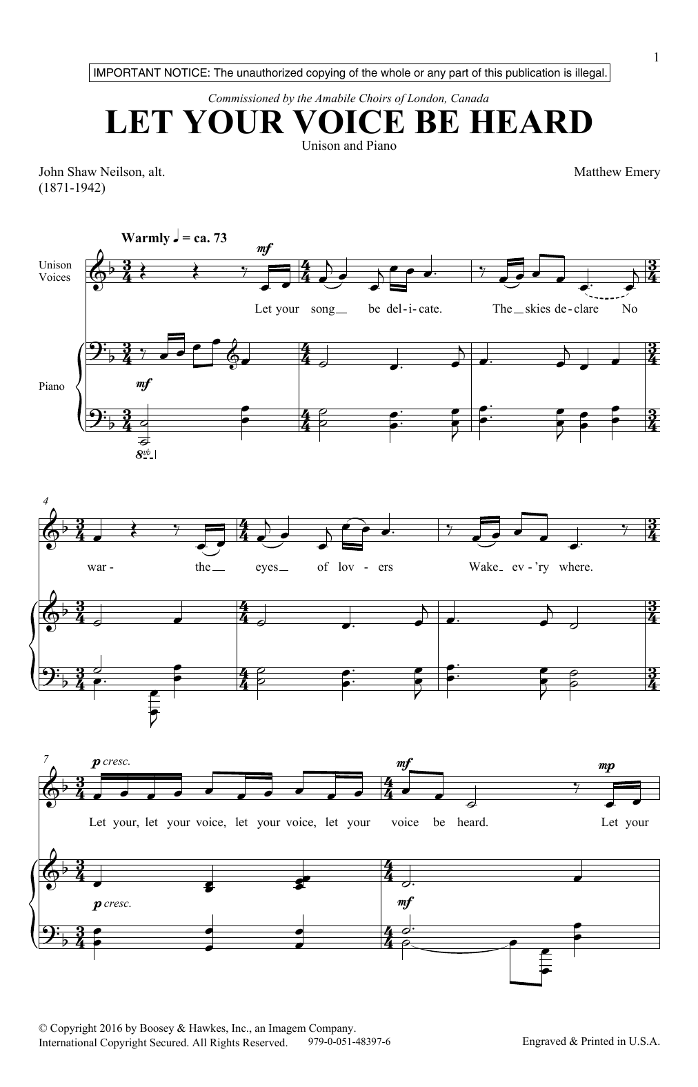 Matthew Emery Let Your Voice Be Heard sheet music notes and chords arranged for Unison Choir