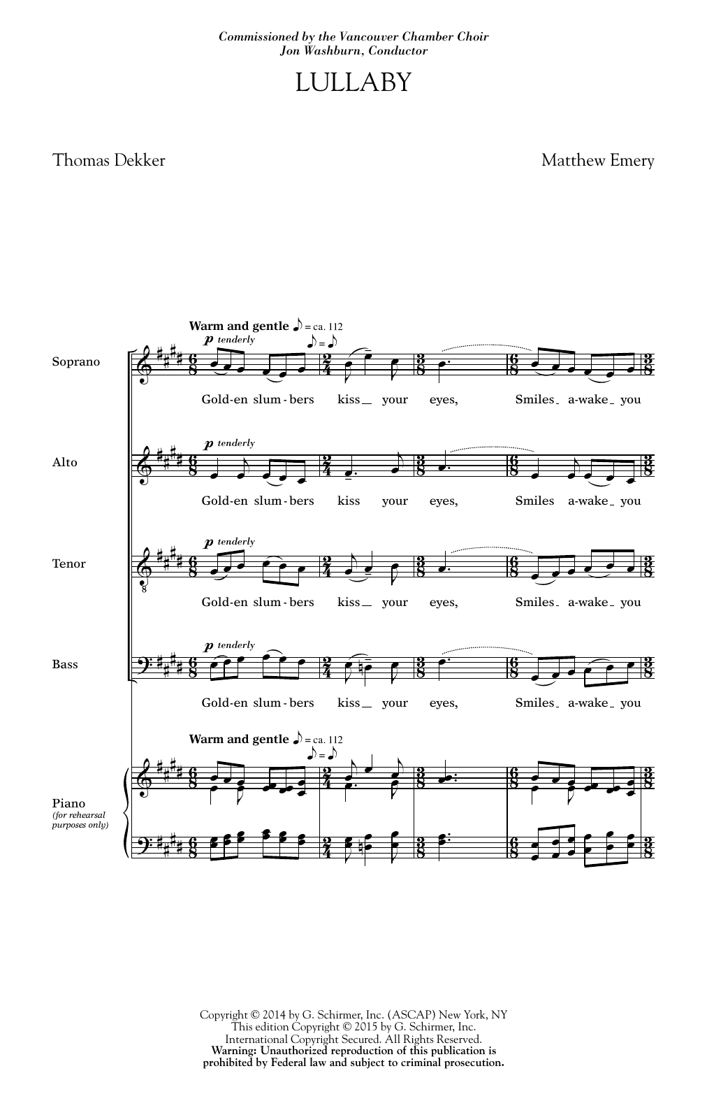 Matthew Emery Lullaby sheet music notes and chords arranged for SATB Choir