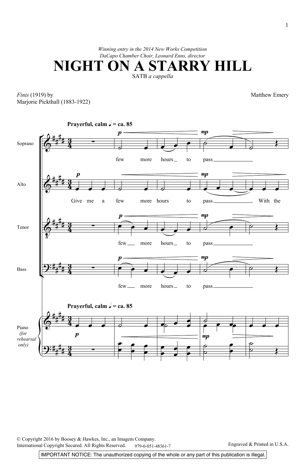 Matthew Emery Night On A Starry Hill sheet music notes and chords arranged for SATB Choir