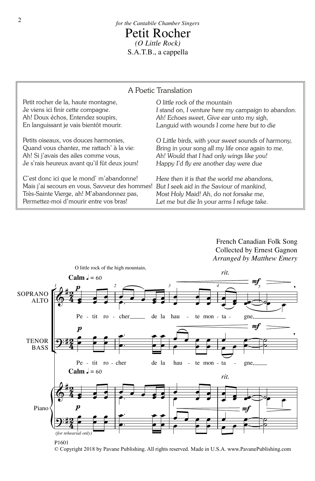 Matthew Emery Petit Rocher sheet music notes and chords arranged for SATB Choir