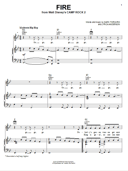 Matthew Mdot Finley Fire (from Camp Rock 2) sheet music notes and chords arranged for Piano, Vocal & Guitar Chords (Right-Hand Melody)