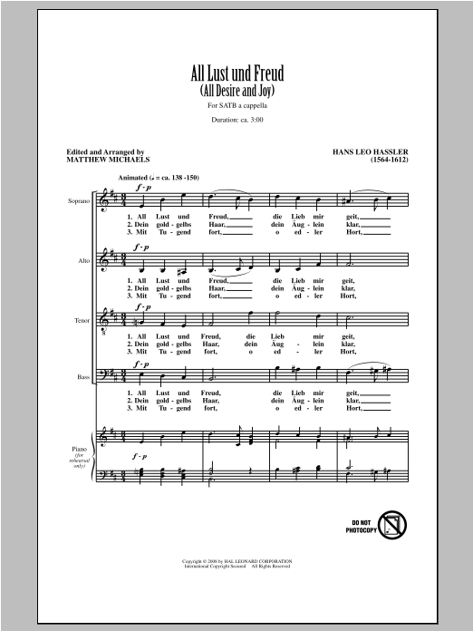 Matthew Michaels All Lust Und Freud (All Desire And Joy) sheet music notes and chords arranged for SATB Choir