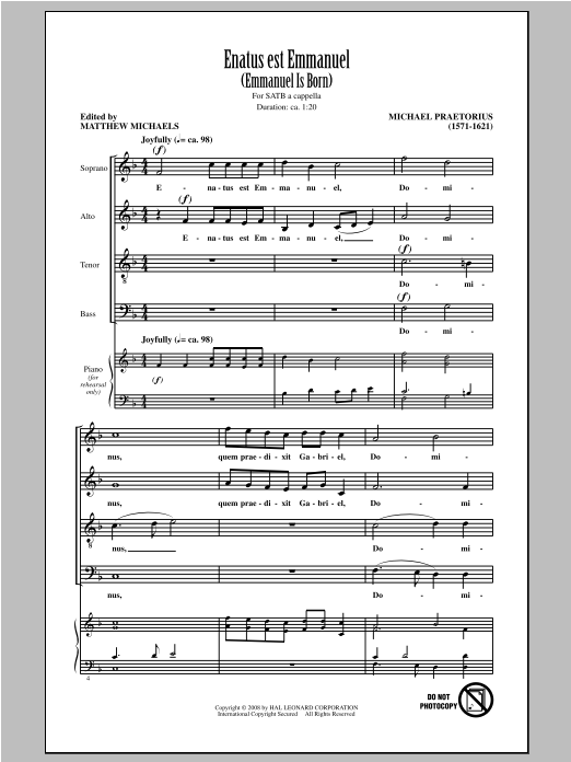 Matthew Michaels Enatus Est Emmanuel sheet music notes and chords arranged for SATB Choir