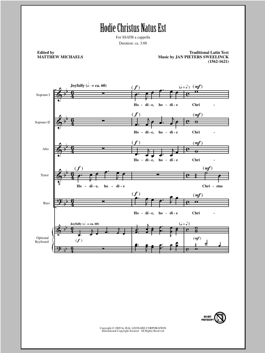 Matthew Michaels Hodie Christus Natus Est sheet music notes and chords arranged for SATB Choir