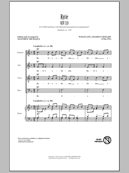 Matthew Michaels Kyrie (KV33) sheet music notes and chords arranged for SATB Choir