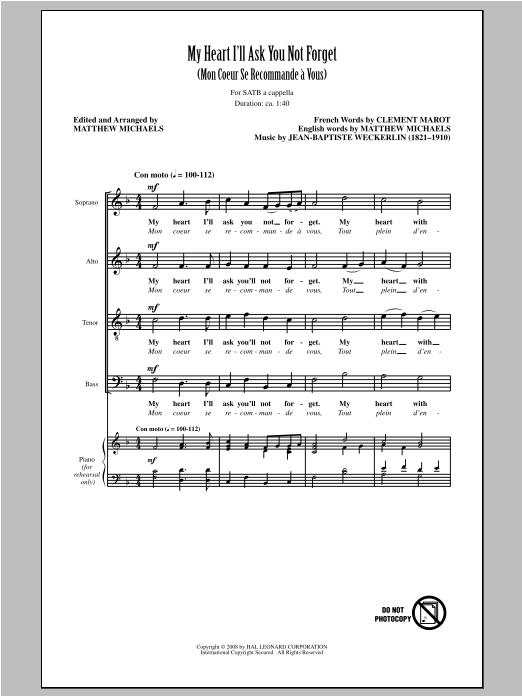 Matthew Michaels My Heart I'll Ask You Not Forget (Mon Coeur Se Recommande A Vous) sheet music notes and chords arranged for SATB Choir