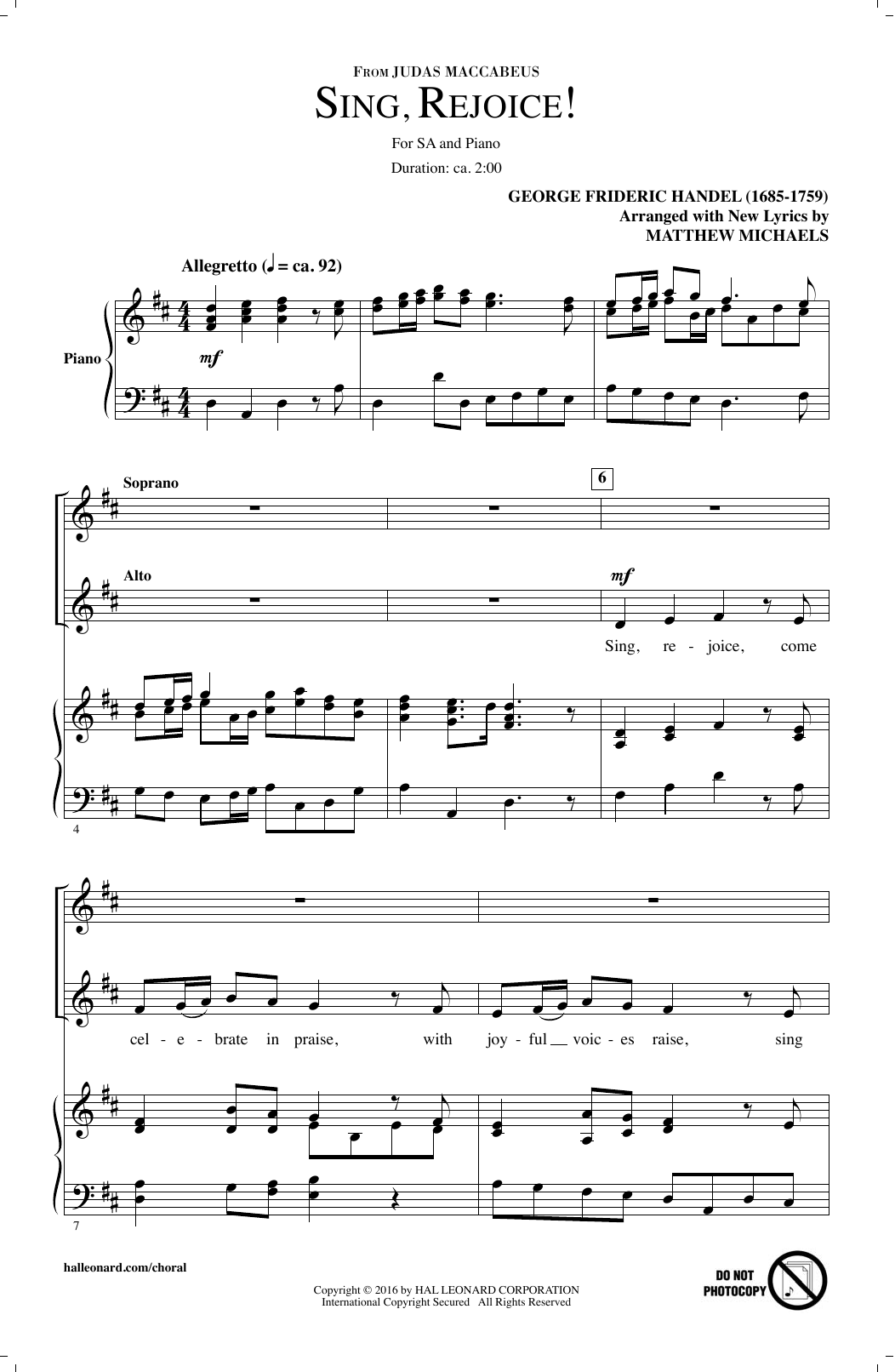 Matthew Michaels Sing, Rejoice! (from Judas Maccabaeus) sheet music notes and chords arranged for 2-Part Choir