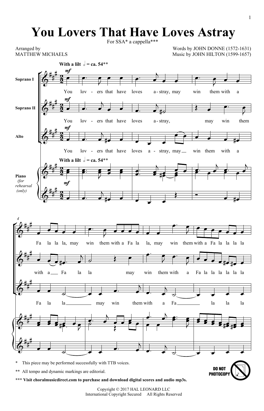 Matthew Michaels You Lovers That Have Loves Astray sheet music notes and chords arranged for SSA Choir
