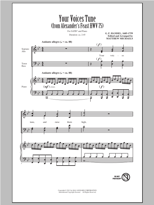 Matthew Michaels Your Voices Tune (from Alexander's Feast) sheet music notes and chords arranged for SATB Choir