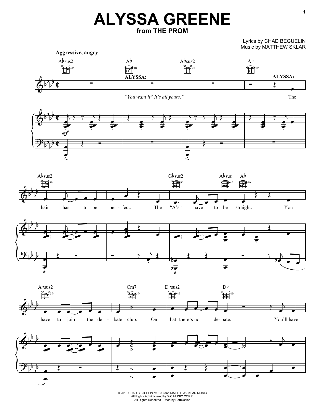 Matthew Sklar & Chad Beguelin Alyssa Greene (from The Prom) sheet music notes and chords arranged for Piano, Vocal & Guitar Chords (Right-Hand Melody)