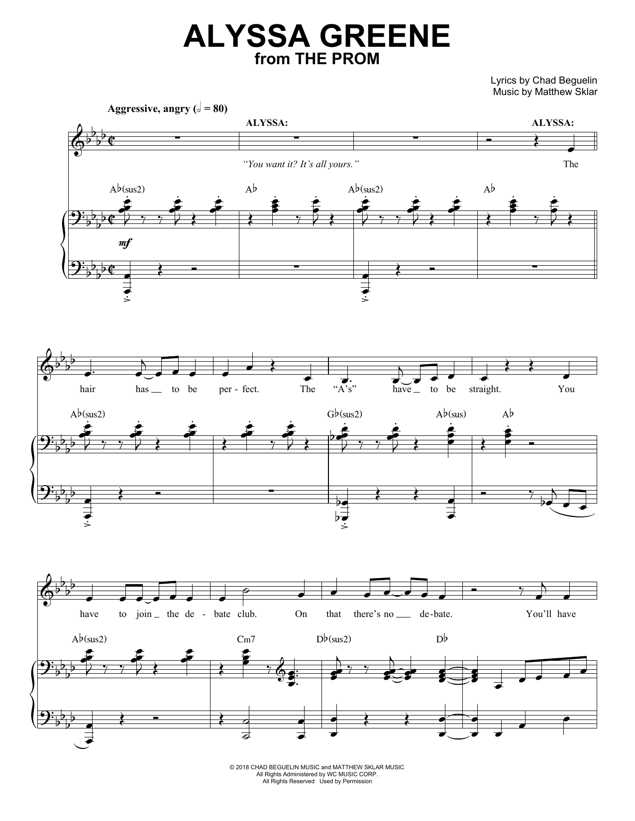 Matthew Sklar & Chad Beguelin Alyssa Greene (from The Prom: A New Musical) sheet music notes and chords arranged for Piano & Vocal