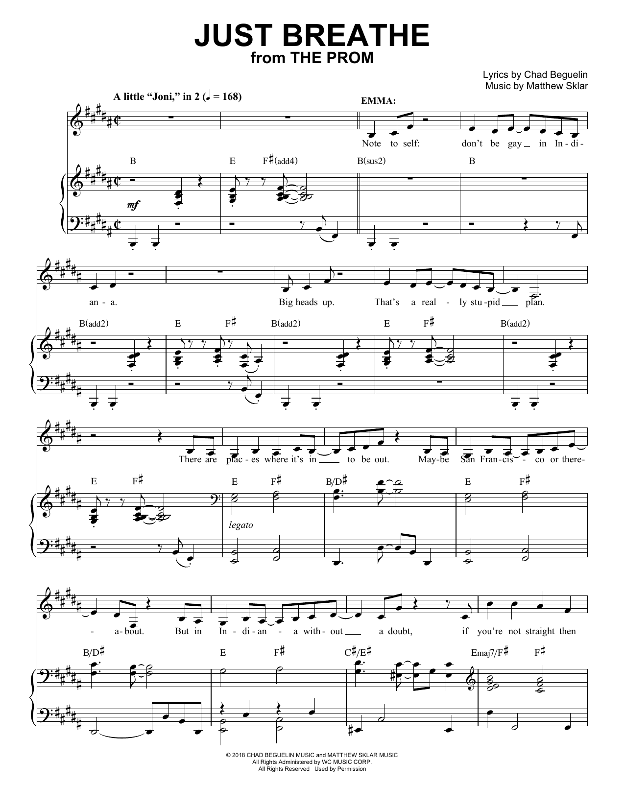 Matthew Sklar & Chad Beguelin Just Breathe (from The Prom: A New Musical) sheet music notes and chords arranged for Piano & Vocal