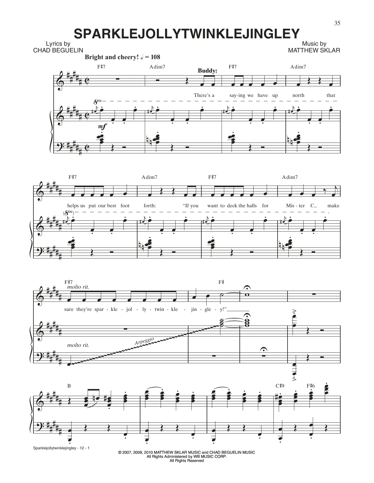Matthew Sklar & Chad Beguelin Sparklejollytwinklejingley (from Elf: The Musical) sheet music notes and chords arranged for Piano & Vocal