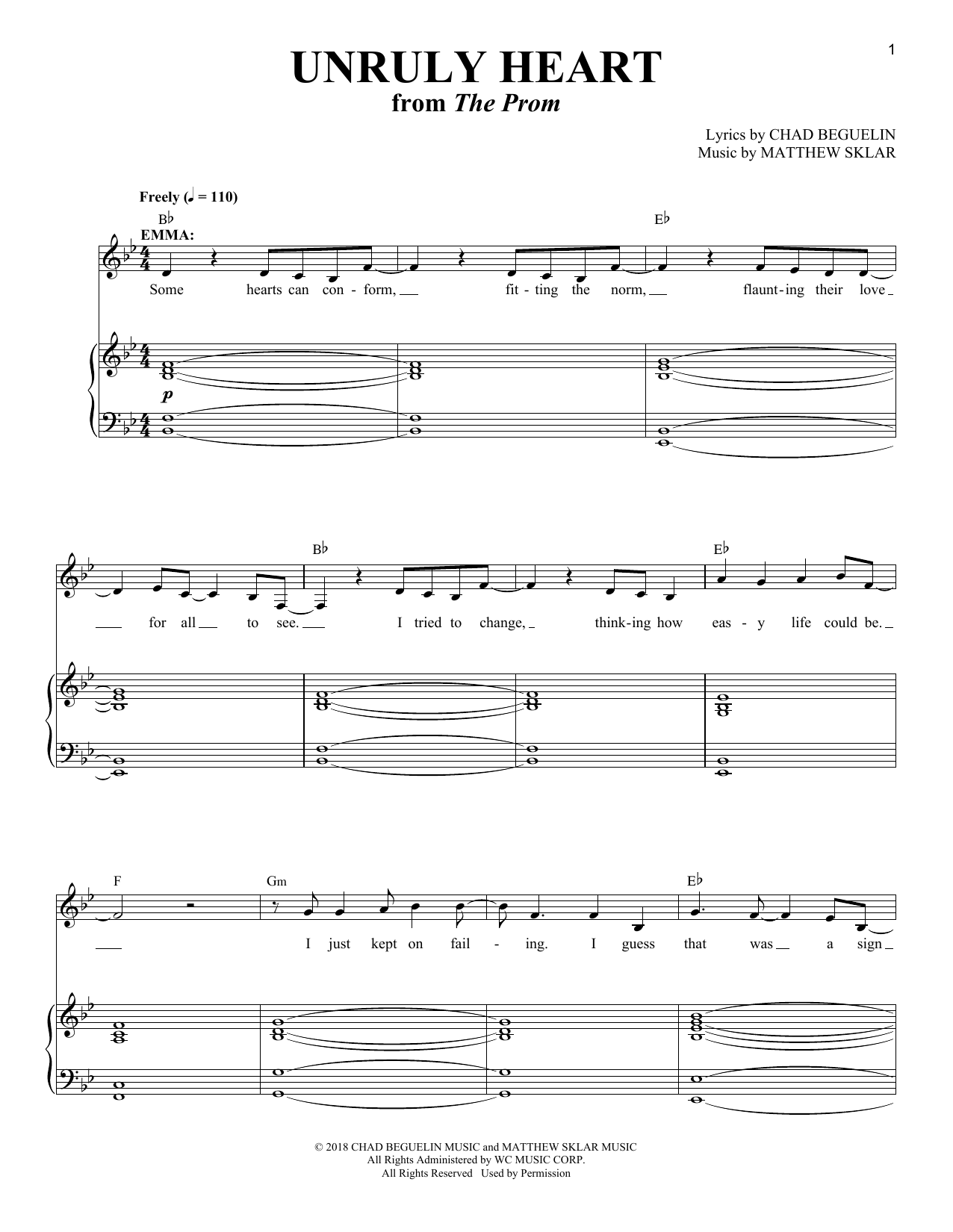 Matthew Sklar & Chad Beguelin Unruly Heart (from The Prom) sheet music notes and chords arranged for Piano & Vocal