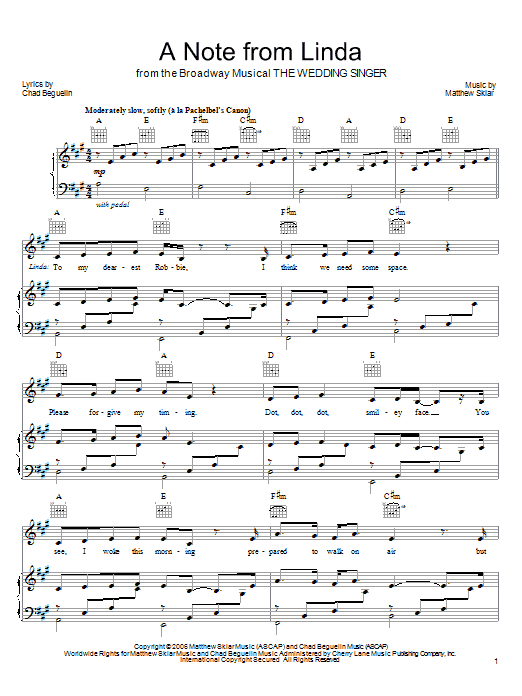 Matthew Sklar A Note From Linda sheet music notes and chords arranged for Piano, Vocal & Guitar Chords (Right-Hand Melody)