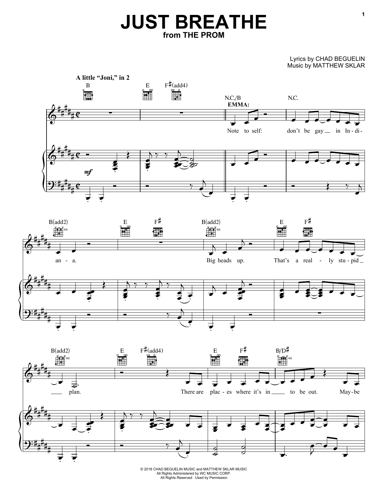 Matthew Sklar Just Breathe (from The Prom) sheet music notes and chords arranged for Piano, Vocal & Guitar Chords (Right-Hand Melody)