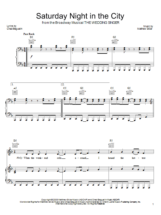 Matthew Sklar Saturday Night In The City sheet music notes and chords arranged for Piano, Vocal & Guitar Chords (Right-Hand Melody)