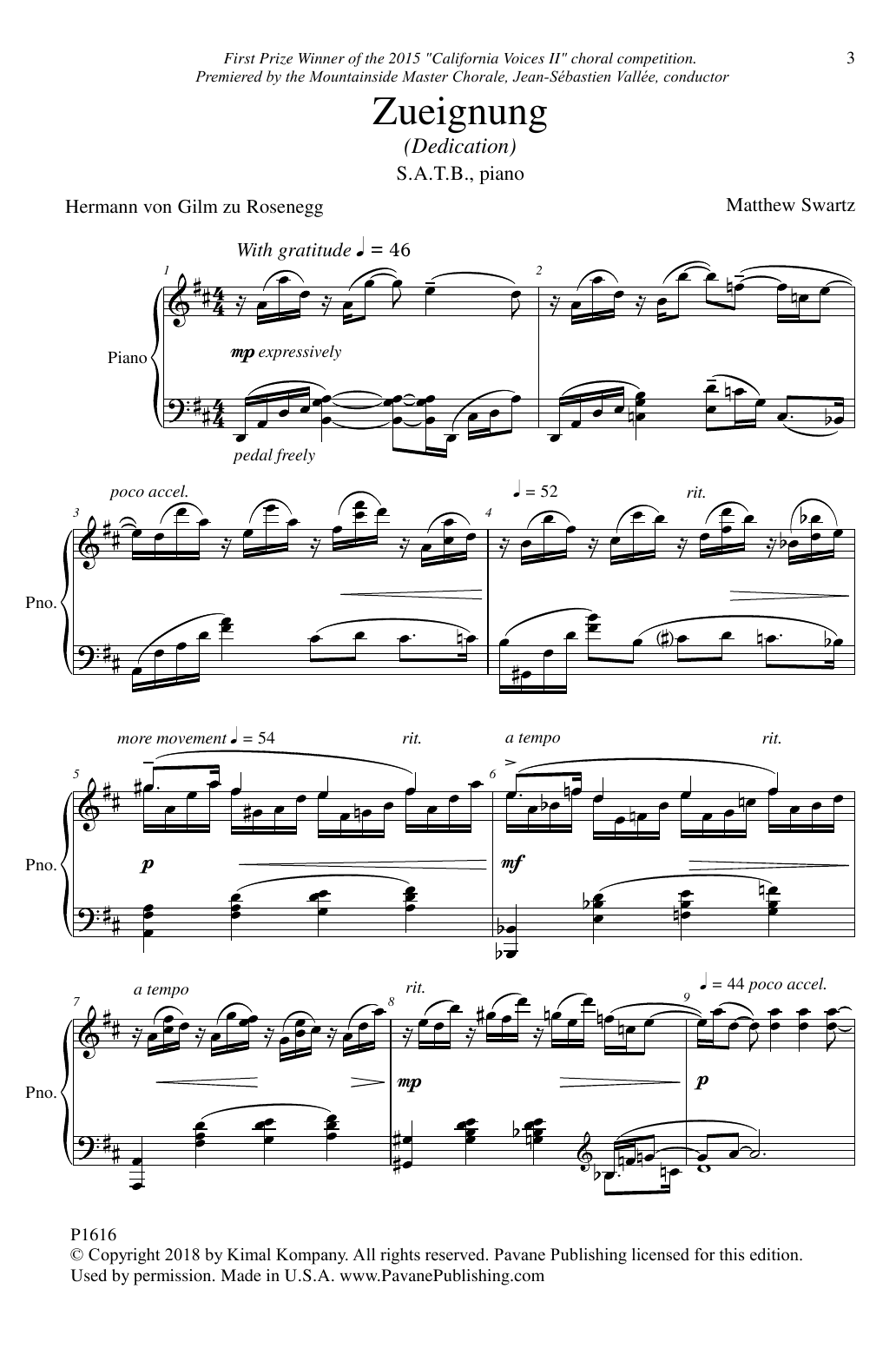 Matthew Swartz Zueignung (Dedication) sheet music notes and chords arranged for SATB Choir