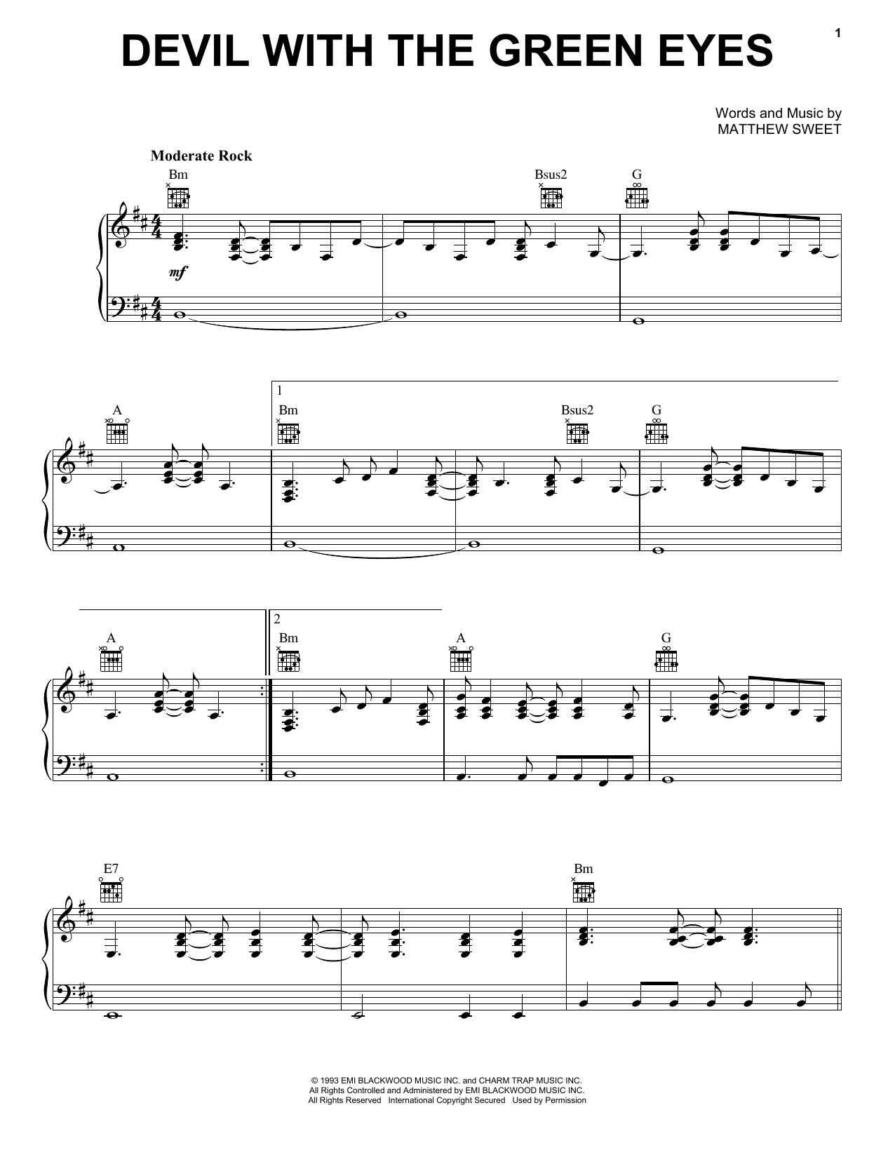 Matthew Sweet Devil With The Green Eyes sheet music notes and chords arranged for Piano, Vocal & Guitar Chords (Right-Hand Melody)