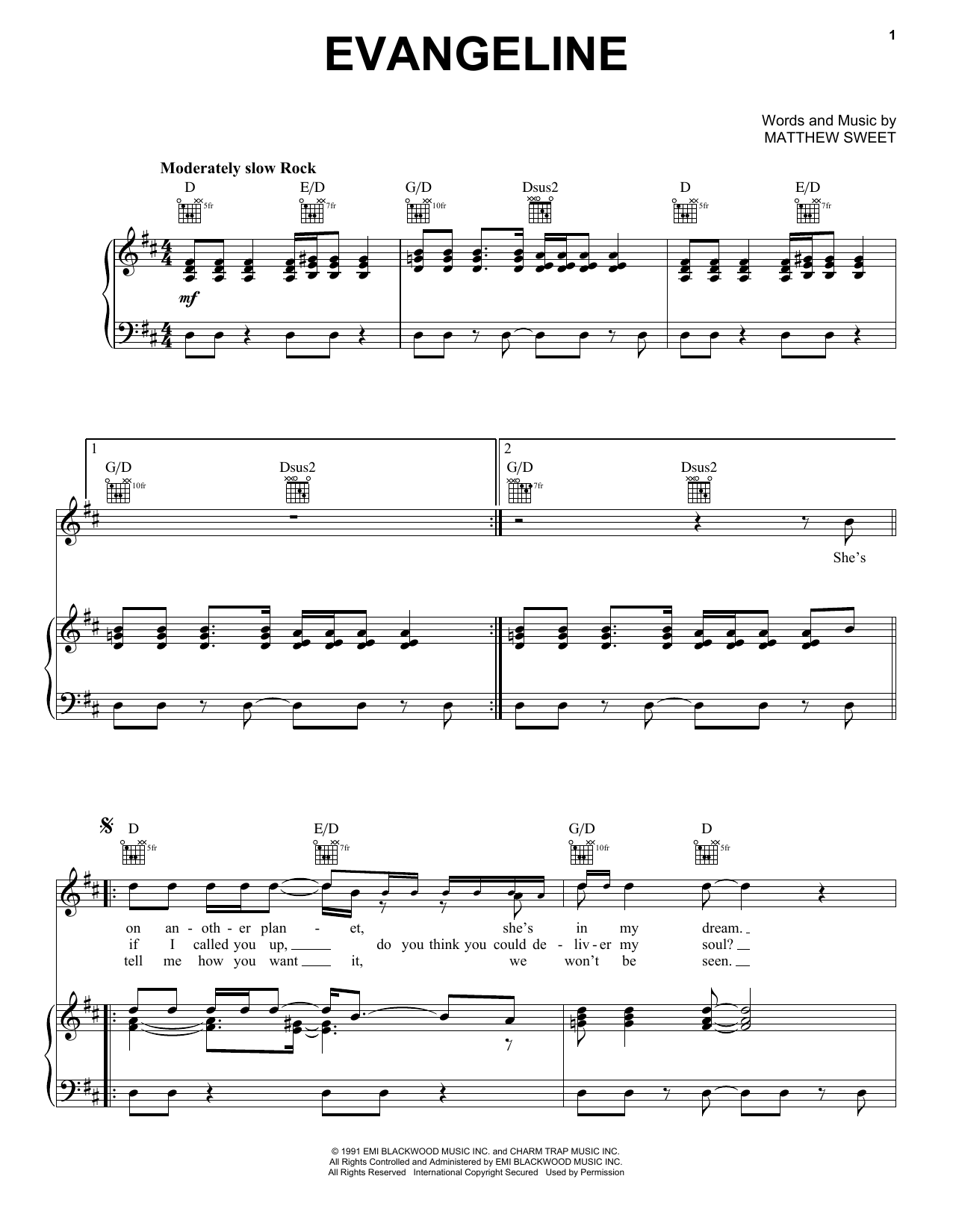 Matthew Sweet Evangeline sheet music notes and chords arranged for Piano, Vocal & Guitar Chords (Right-Hand Melody)