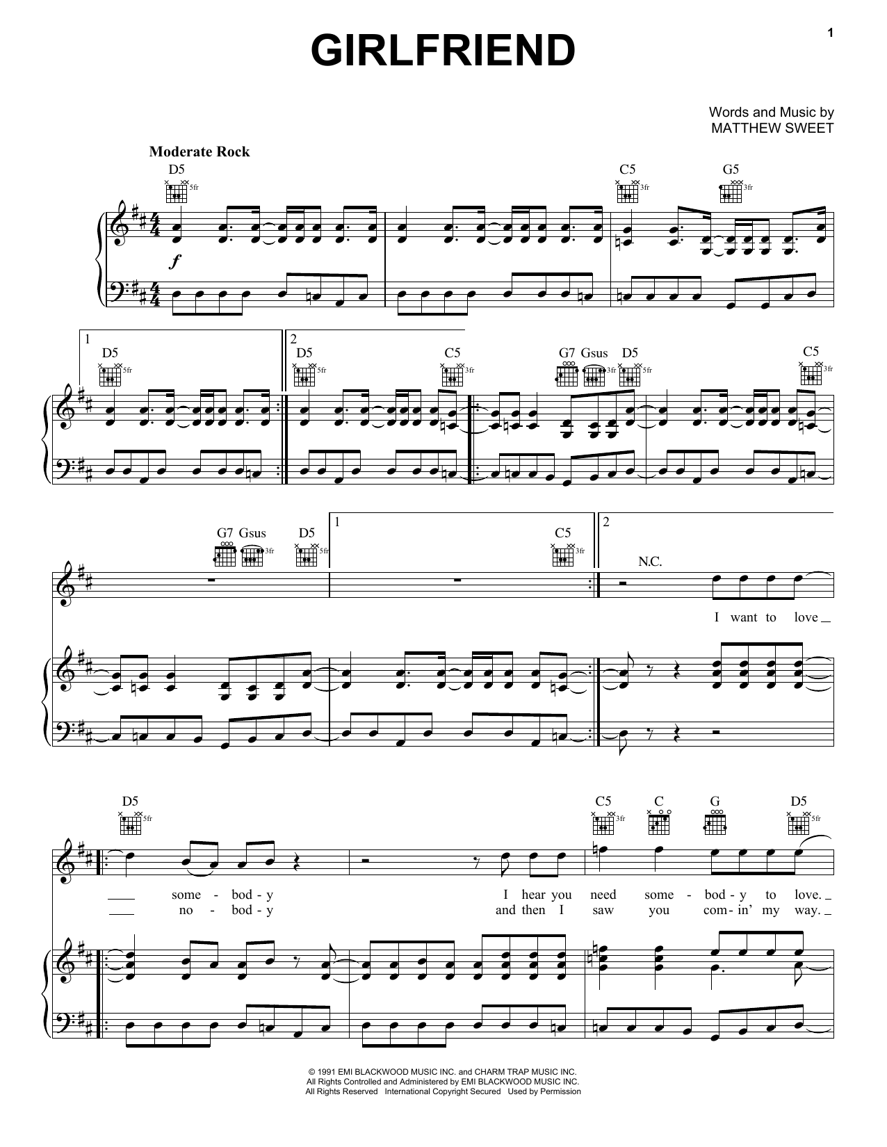 Matthew Sweet Girlfriend sheet music notes and chords arranged for Piano, Vocal & Guitar Chords (Right-Hand Melody)