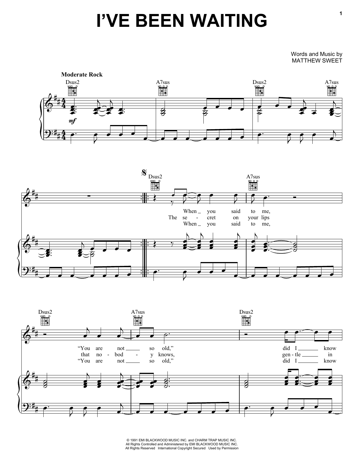 Matthew Sweet I've Been Waiting sheet music notes and chords arranged for Piano, Vocal & Guitar Chords (Right-Hand Melody)