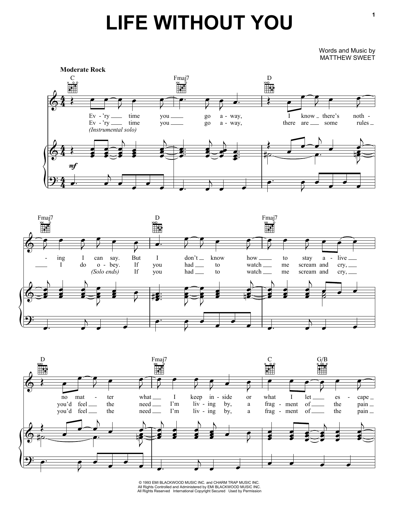 Matthew Sweet Life Without You sheet music notes and chords arranged for Piano, Vocal & Guitar Chords (Right-Hand Melody)
