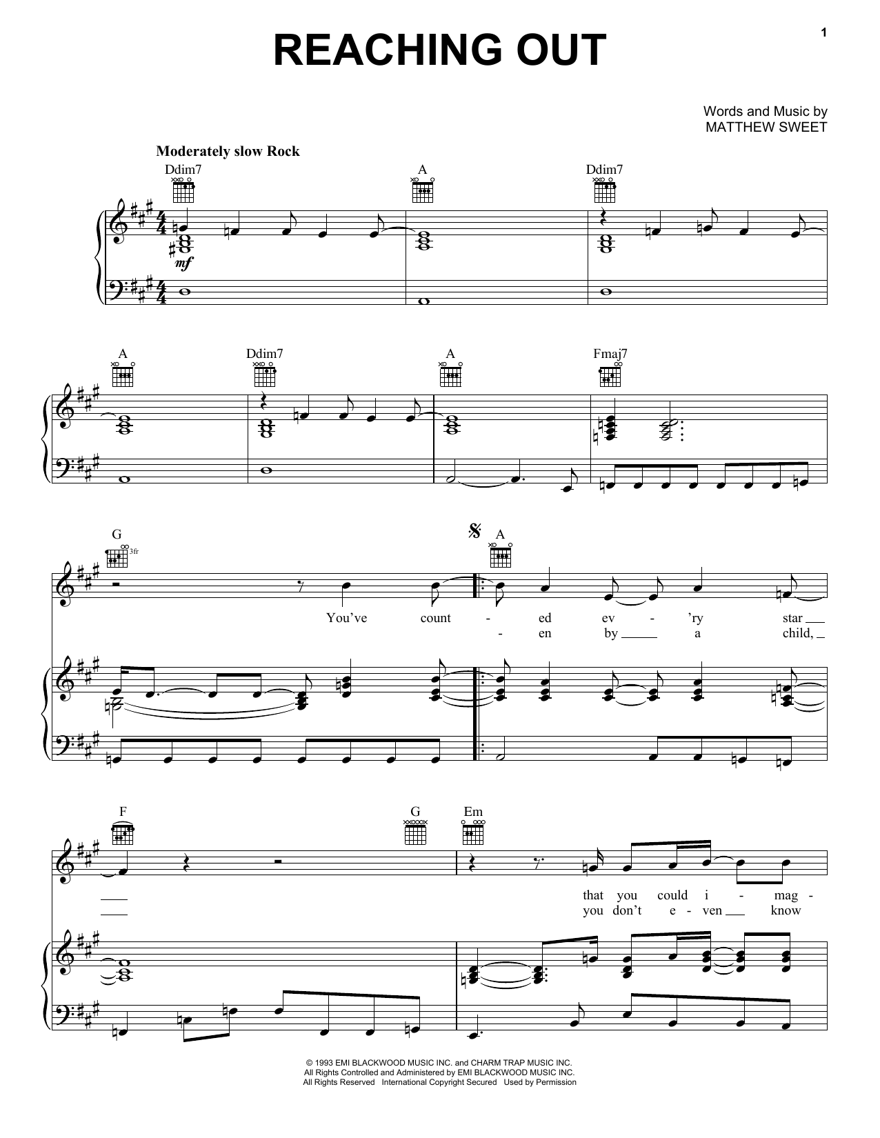 Matthew Sweet Reaching Out sheet music notes and chords arranged for Piano, Vocal & Guitar Chords (Right-Hand Melody)
